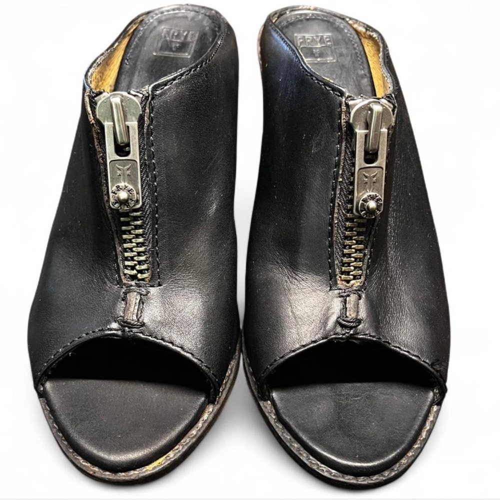 Frye Black Leather Mules with Zipper Detail, 7.5B